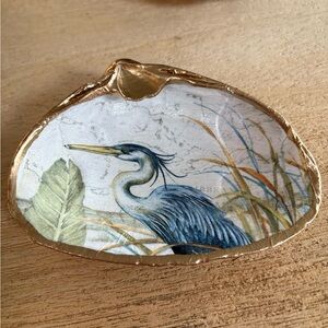 Handmade blue heron clam shell jewelry trinket dish